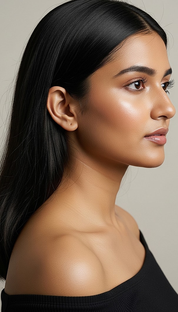 Profile portrait of a woman with sleek hair.